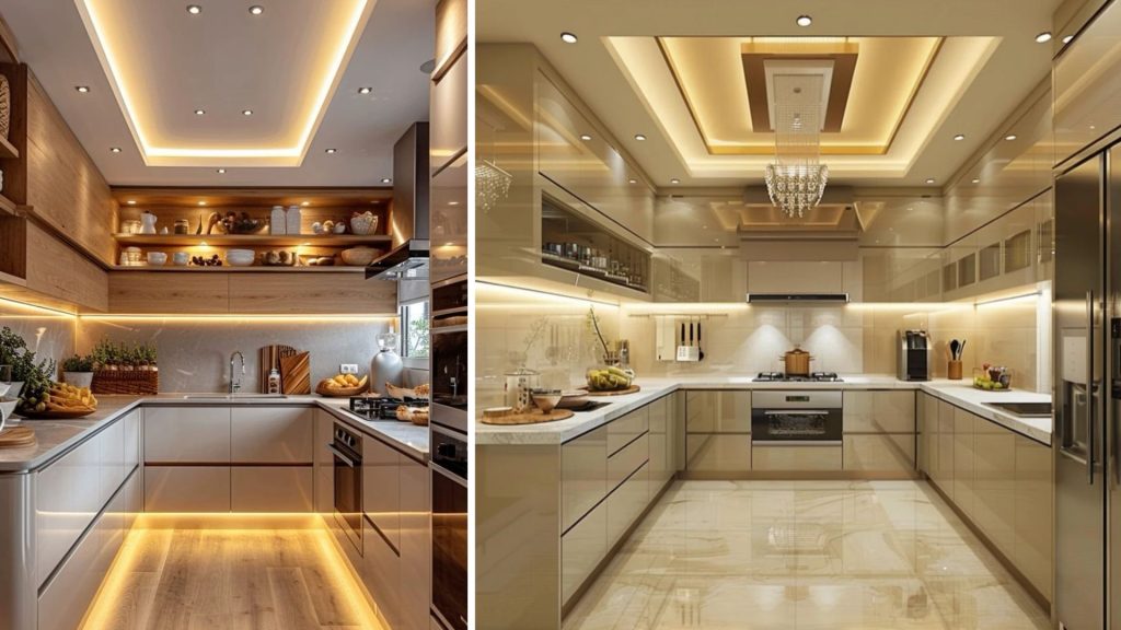 Modern grid-style false ceiling design for contemporary kitchen interiors