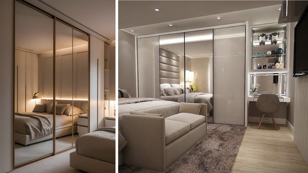 Mirrored sliding wardrobe design for small apartment bedroom