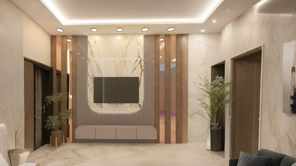 Reflective glossy surfaces in small living room design with TV and sofa