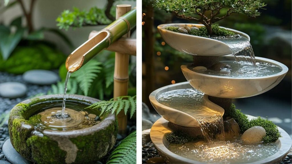 Small indoor water feature in Zen-style home interior