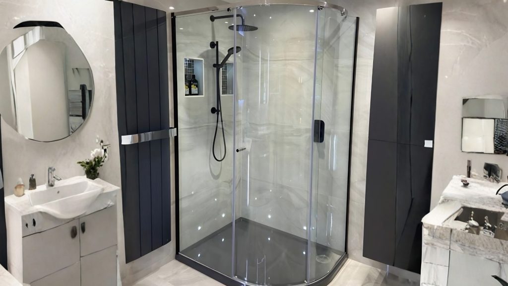 curved glass partition design for modern bathroom