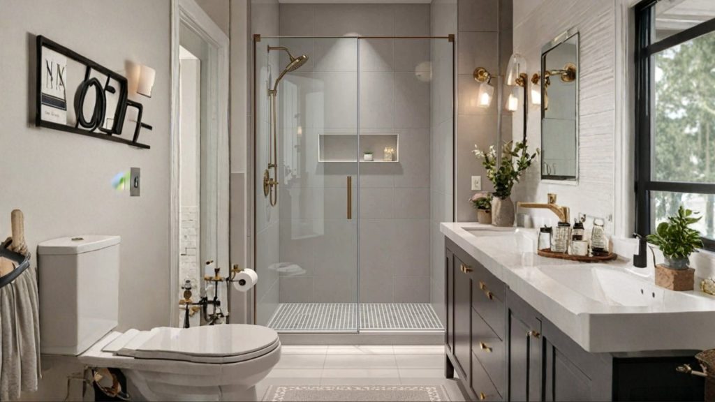 Modern bathroom with frameless glass partition design