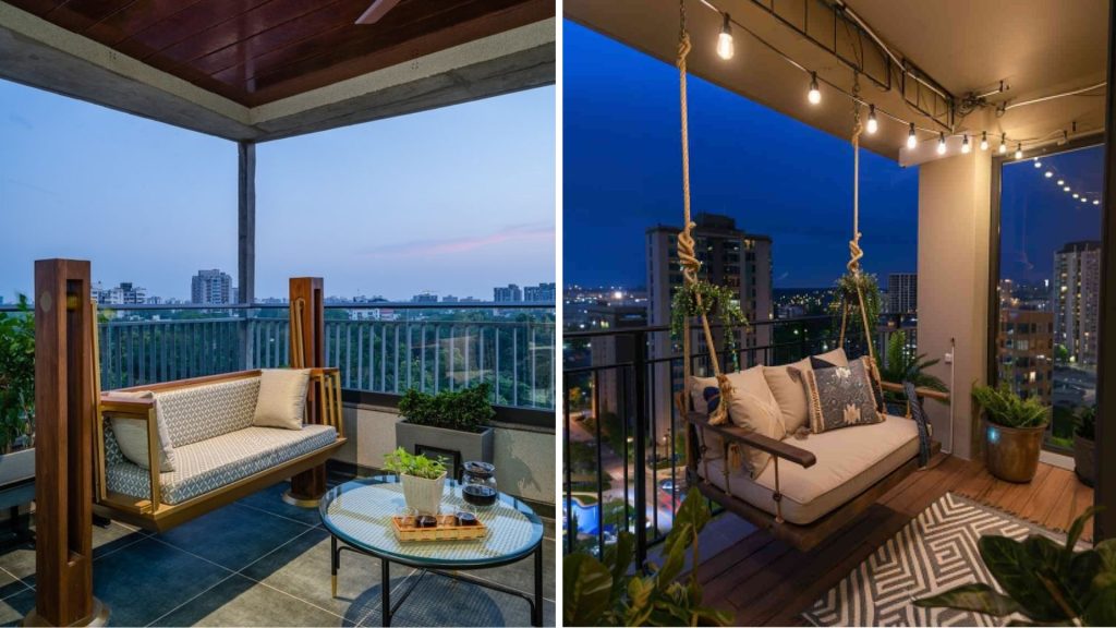 Rustic wooden balcony swing with cozy cushions and natural decor