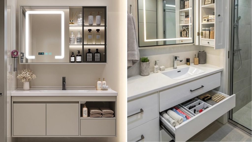 Modern Bathroom Cabinet Design With LED Mirror