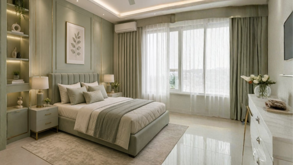 beige and sage green colour combination for modern bedroom