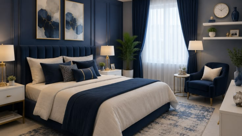 indigo and white colour combination for modern bedroom