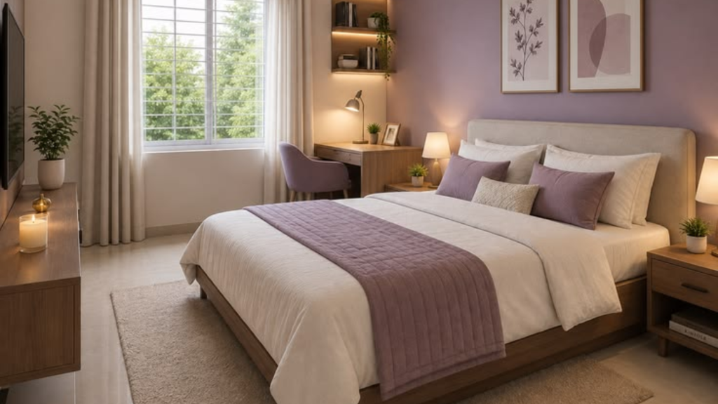 lavender and off-white colour combination for modern bedroom