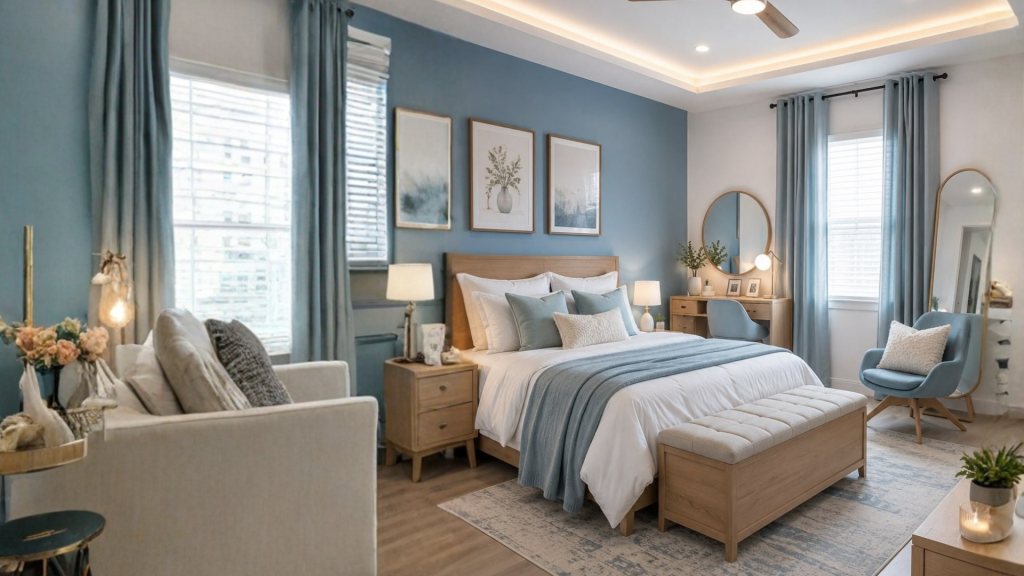 pale blue and white colour combination for modern bedroom