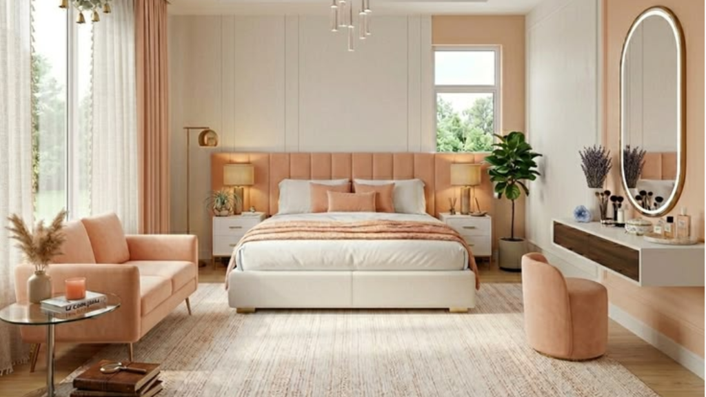 peach and white colour combination for modern bedroom