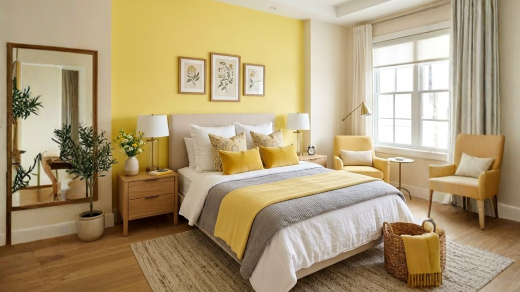 sunny yellow and sage green combination for modern bedroom