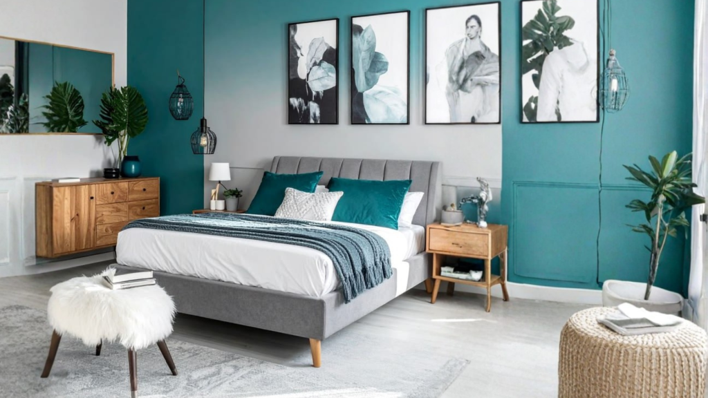 teal and grey colour combination for modern bedroom
